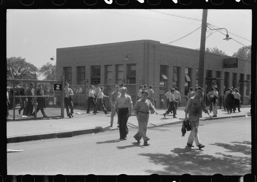 Workers leaving plant at afternoon change of shift, Pratt and Whitney, United Aircraft, East Hartford, Connecticut