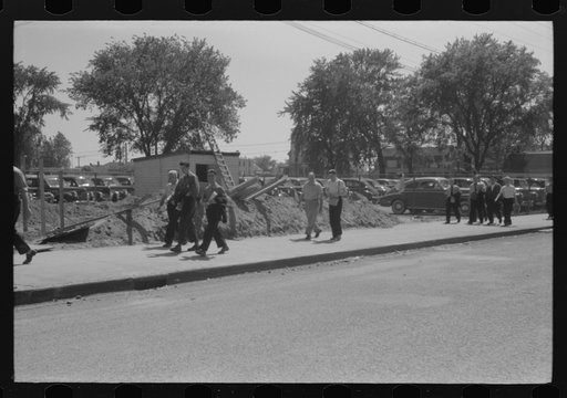 Untitled photo, possibly related to: Workers entering plant at afternoon change of shift. Pratt and Whitney plant, United Aircraft, East Hartford, Connecticut