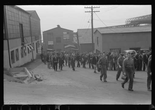 Workers leaving plant at change of shift before being paid off. Electric Boat Works, Groton, Connecticut