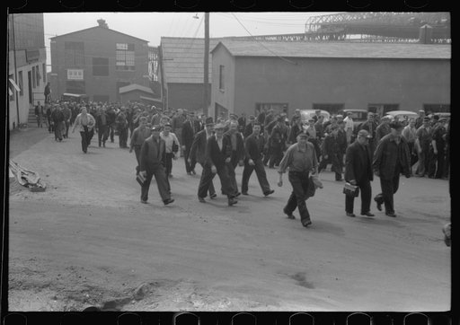 Workers leaving plant at change of shift before being paid off. Electric Boat Works, Groton, Connecticut