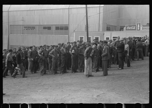 Untitled photo, possibly related to: Workers leaving plant at change of shift before being paid off. Electric Boat Works, Groton, Connecticut