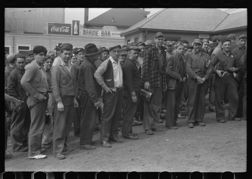 Workers leaving plant at change of shift before being paid off. Electric Boat Works, Groton, Connecticut