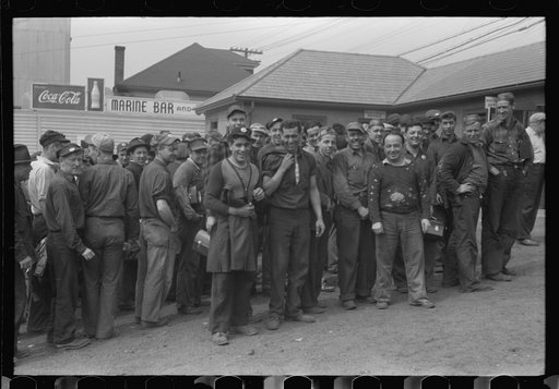 Workers leaving plant at change of shift before being paid off. Electric Boat Works, Groton, Connecticut