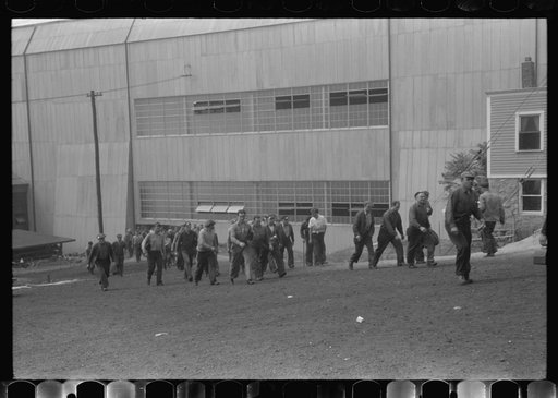 Workers leaving plant at change of shift before being paid off. Electric Boat Works, Groton, Connecticut