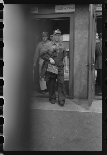 Untitled photo, possibly related to: Workers entering plant at afternoon change of shift. Electric Boat Works, Groton, Connecticut