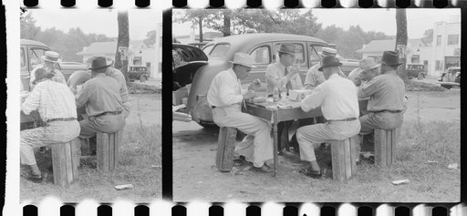 Untitled photo, possibly related to: Brunswick stew dinner in front of the tobacco warehouse on opening day of the auctions. Prepared by Parent Teachers Association of Prospect Hill, to raise money for a new gymnasium for the Prospect Hill Consolidated School in Caswell County, North Carolina