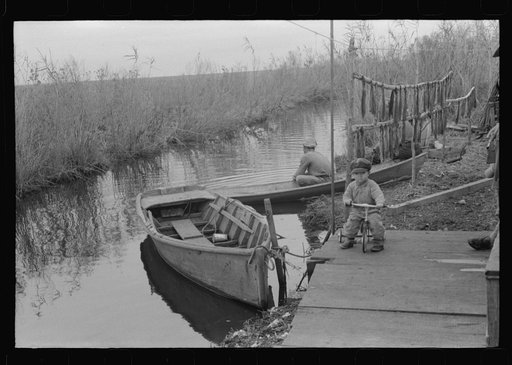 Untitled photo, possibly related to: Spanish muskrat trappers' camp on bay or in marshes near Delacroix Island, Louisiana