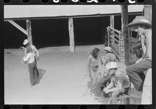 Untitled photo, possibly related to: Dudes learning how to throw a rope, "roping" during a ranch rodeo contest. Brewster Arnold Quarter Circle U Ranch, Birney, Montana
