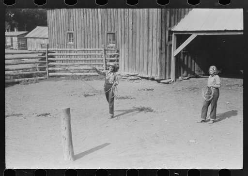 Dudes learning how to throw a rope, "roping" during a ranch rodeo contest. Brewster Arnold Quarter Circle U Ranch, Birney, Montana