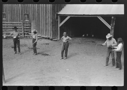 Untitled photo, possibly related to: Dudes learning how to throw a rope, "roping" during a ranch rodeo contest. Brewster Arnold Quarter Circle U Ranch, Birney, Montana