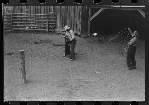 Untitled photo, possibly related to: Dudes learning how to throw a rope, "roping" during a ranch rodeo contest. Brewster Arnold Quarter Circle U Ranch, Birney, Montana