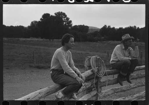 Untitled photo, possibly related to: Dudes learning how to throw a rope, "roping" during a ranch rodeo contest. Brewster Arnold Quarter Circle U Ranch, Birney, Montana