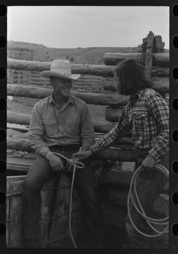 Untitled photo, possibly related to: Dudes learning how to throw a rope, "roping" during a ranch rodeo contest. Brewster Arnold Quarter Circle U Ranch, Birney, Montana