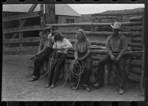 Untitled photo, possibly related to: Dudes learning how to throw a rope, "roping" during a ranch rodeo contest. Brewster Arnold Quarter Circle U Ranch, Birney, Montana