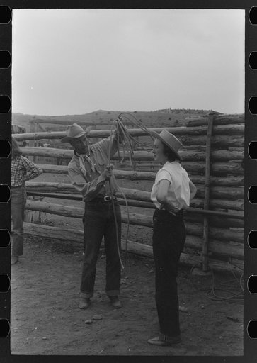 Untitled photo, possibly related to: Dudes learning how to throw a rope, "roping" during a ranch rodeo contest. Brewster Arnold Quarter Circle U Ranch, Birney, Montana