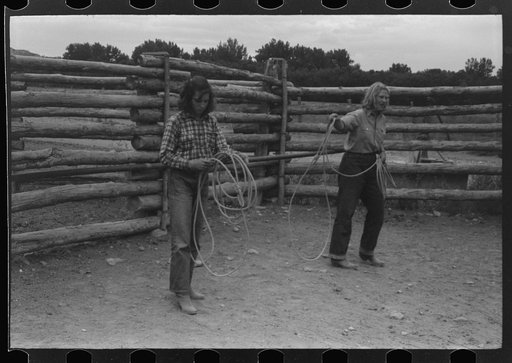 Untitled photo, possibly related to: Dudes learning how to throw a rope, "roping" during a ranch rodeo contest. Brewster Arnold Quarter Circle U Ranch, Birney, Montana