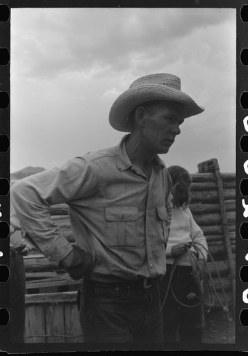 Untitled photo, possibly related to: Dudes learning how to throw a rope, "roping" during a ranch rodeo contest. Brewster Arnold Quarter Circle U Ranch, Birney, Montana