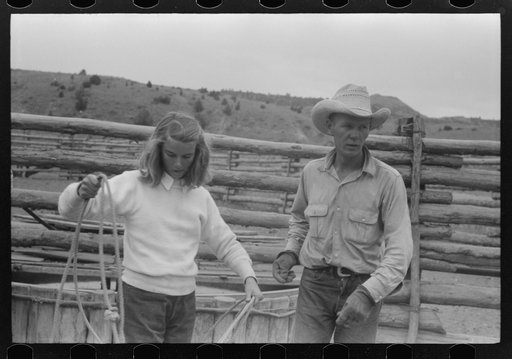 Dudes learning how to throw a rope, "roping" during a ranch rodeo contest. Brewster Arnold Quarter Circle U Ranch, Birney, Montana