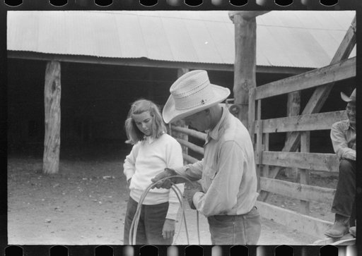 Dudes learning how to throw a rope, "roping" during a ranch rodeo contest. Brewster Arnold Quarter Circle U Ranch, Birney, Montana