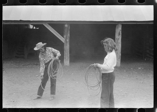 Untitled photo, possibly related to: Dudes learning how to throw a rope, "roping" during a ranch rodeo contest. Brewster Arnold Quarter Circle U Ranch, Birney, Montana