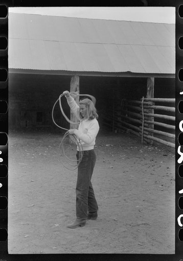 Dudes learning how to throw a rope, "roping" during a ranch rodeo contest. Brewster Arnold Quarter Circle U Ranch, Birney, Montana