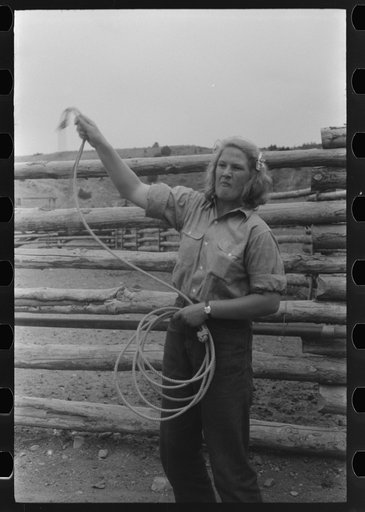 Untitled photo, possibly related to: Dudes learning how to throw a rope, "roping" during a ranch rodeo contest. Brewster Arnold Quarter Circle U Ranch, Birney, Montana