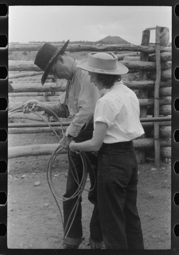 Dudes learning how to throw a rope, "roping" during a ranch rodeo contest. Brewster Arnold Quarter Circle U Ranch, Birney, Montana
