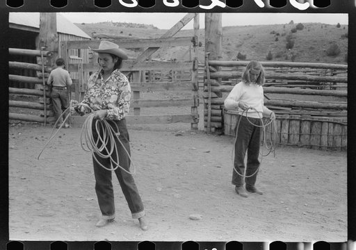 Dudes learning how to throw a rope, "roping" during a ranch rodeo contest. Brewster Arnold Quarter Circle U Ranch, Birney, Montana