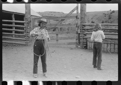 Untitled photo, possibly related to: Dudes learning how to throw a rope, "roping" during a ranch rodeo contest. Brewster Arnold Quarter Circle U Ranch, Birney, Montana