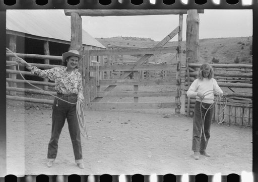 Untitled photo, possibly related to: Dudes learning how to throw a rope, "roping" during a ranch rodeo contest. Brewster Arnold Quarter Circle U Ranch, Birney, Montana