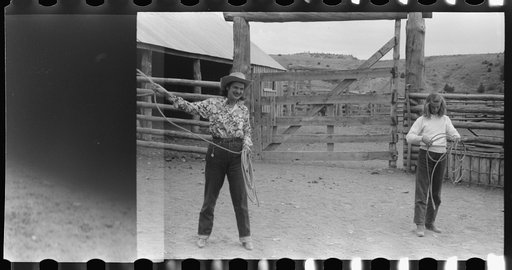 Untitled photo, possibly related to: Dudes learning how to throw a rope, "roping" during a ranch rodeo contest. Brewster Arnold Quarter Circle U Ranch, Birney, Montana