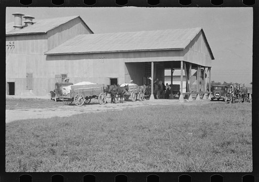 Untitled photo, possibly related to: At the cotton gin. Cotton gin and wagons. Hale County, Alabama