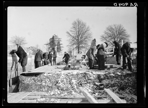 Work progresses on the first unit of houses despite the bad weather. Berwyn project, Maryland