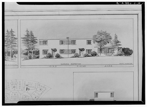 Drawing of model duplex house. Greenbelt project, Maryland