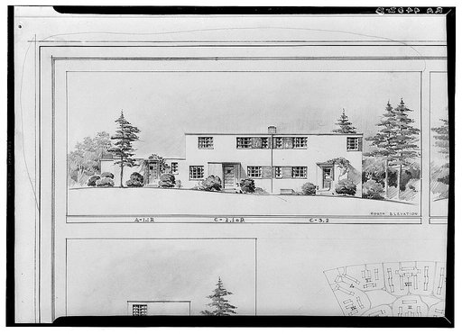 Drawing of model duplex house. Greenbelt, Maryland