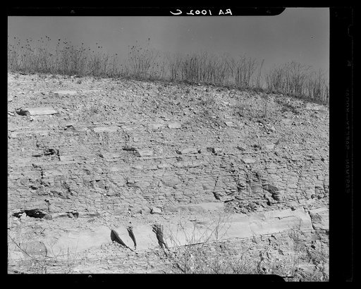 Cross section of land showing a very thin layer of soil over a hard stony surface. Brown County, Indiana