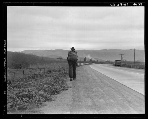 "Bum blockade." All heading north. South of King City, California. Difficult to get a record of this movement because these men wouldn't be photographed as a result of Los Angeles police activity