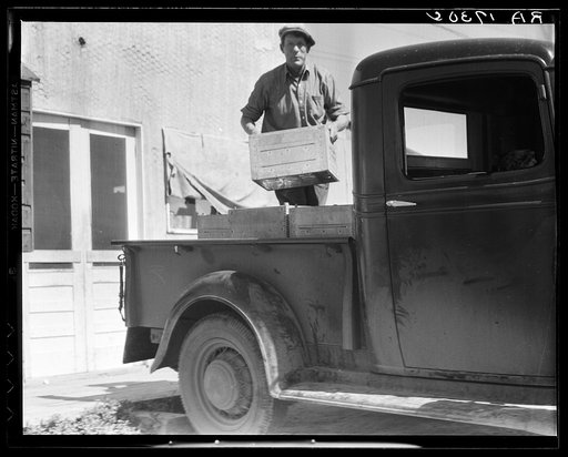 Loading milk at the self-help cooperative dairy which is being taken over by the Resettlement Administration. Near Santa Ana, California