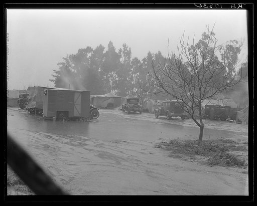 Migrant camp in California during the pea harvesting. San Luis Obispo County, California