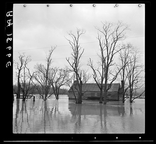 Flood waters of the Shenandoah River covering Virginia farm