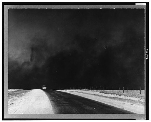 Heavy black clouds of dust rising over the Texas Panhandle, Texas