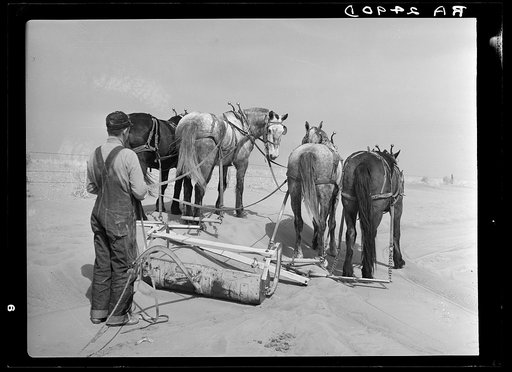 Removing drifts of soil which block the highways near Guymon, Oklahoma