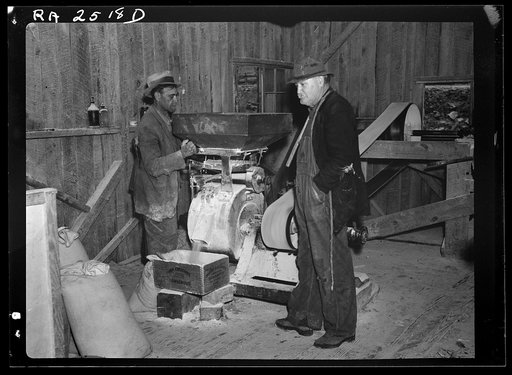 Interior of gristmill. Turbine wheel type. On Daddys Creek. On the road between Pikeville and Crossville, Tennessee
