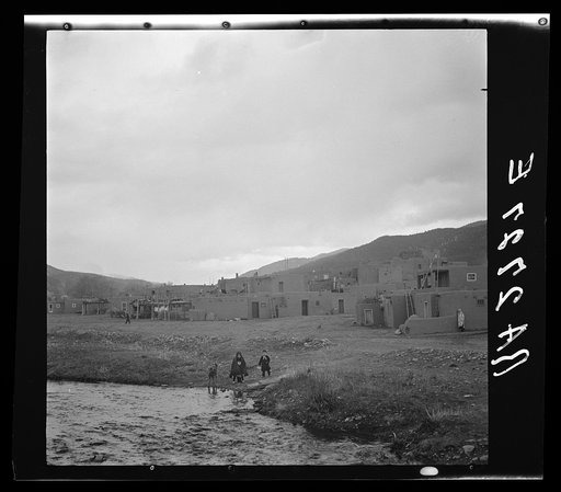 The pueblo at Taos, New Mexico. Rio de Taos in the foreground