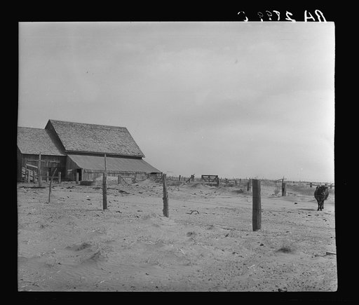 Drifting soil in a farmyard. Hartley County, Texas