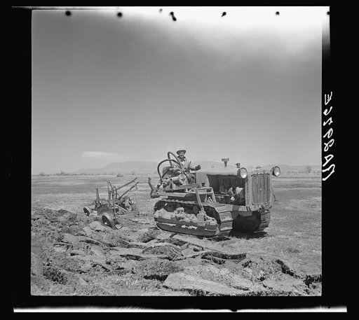 Resettled farmer breaking up new land for farming. Bosque Farms, New Mexico