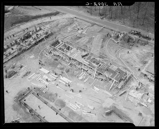 Aerial view of construction at Greenbelt, Maryland, taken from the Goodyear blimp