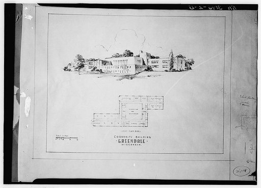 Drawing and plan of community building. Greendale, Wisconsin
