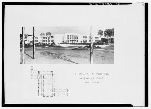 Plan and drawing of community building. Greenhills, Ohio