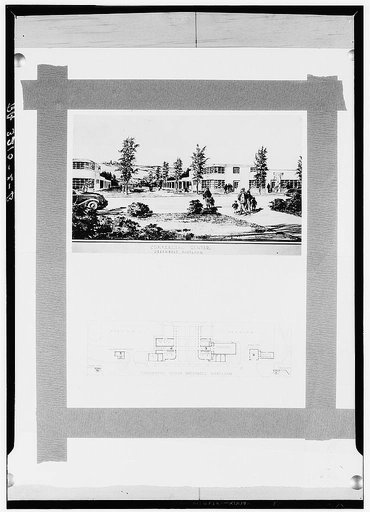 Drawing and plan of commercial center. Greenbelt, Maryland